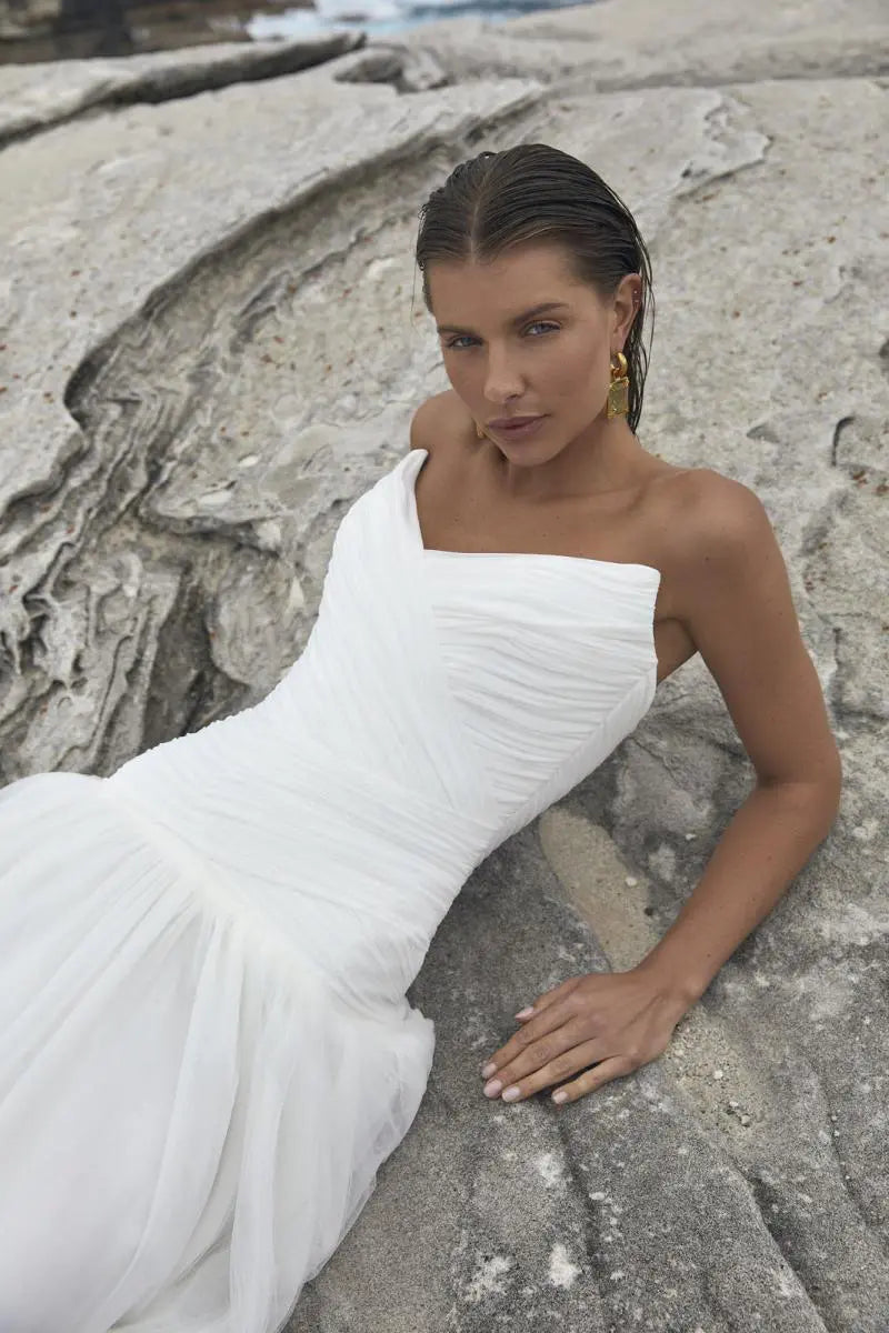 Capri Gown AU Stretch Mesh Lace Up or Buttons or Eyelet – Dion for Brides