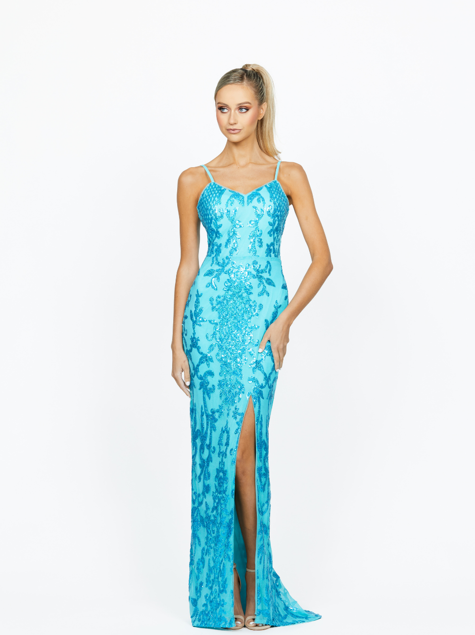 bariano blue sequin dress Bariano Scoop Neck Lace Up Gown Teal – Hire For A Night main image 1